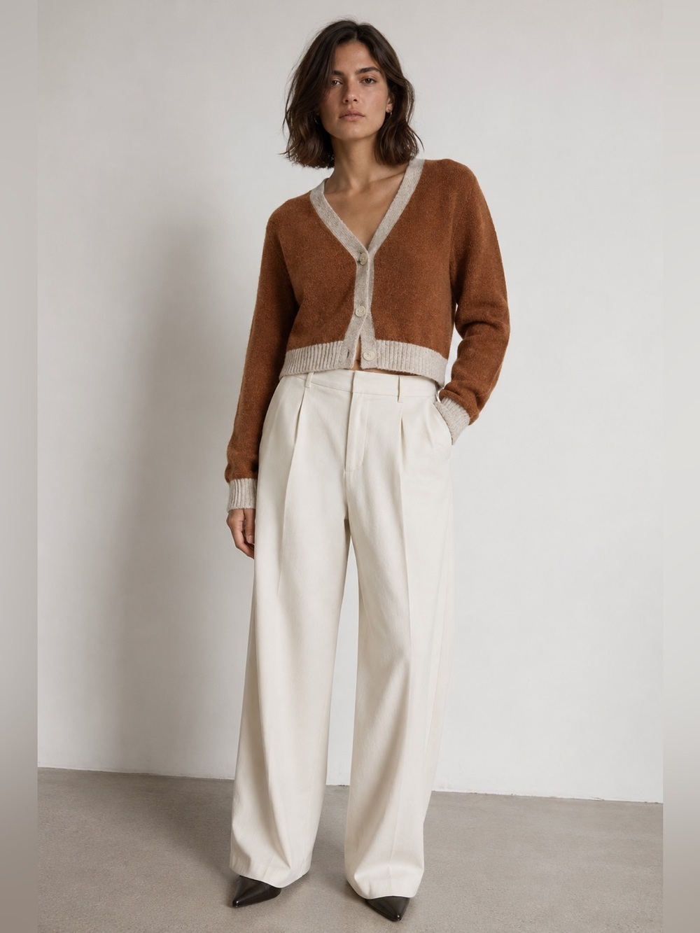 YES/LOLA Brown & Cream Button-Up Cropped Cardigan – Women’s XS